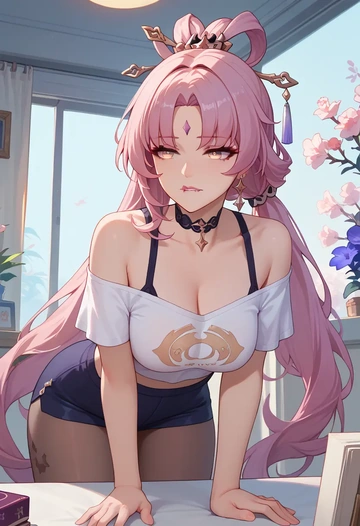 star rail,fu xuan,crop top,athletic shorts  - AI generated anime art